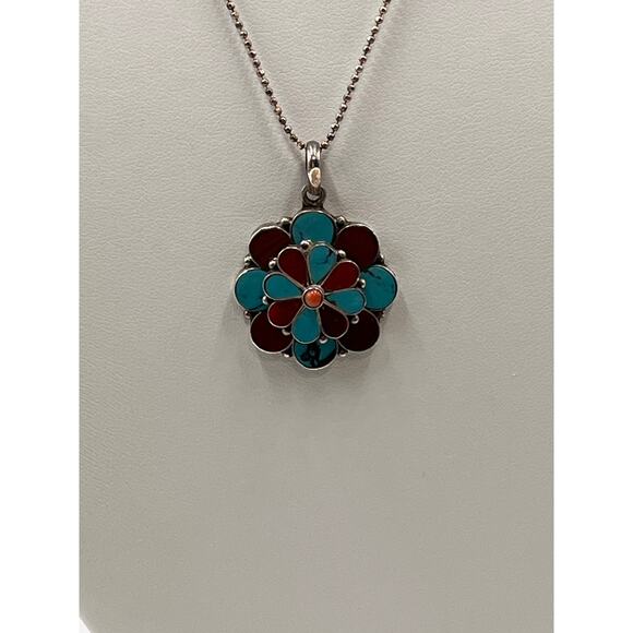 Sterling Silver Turquoise Coral Inlay Floral Bloom Spinning Pendant Necklace - Picture 7 of 13